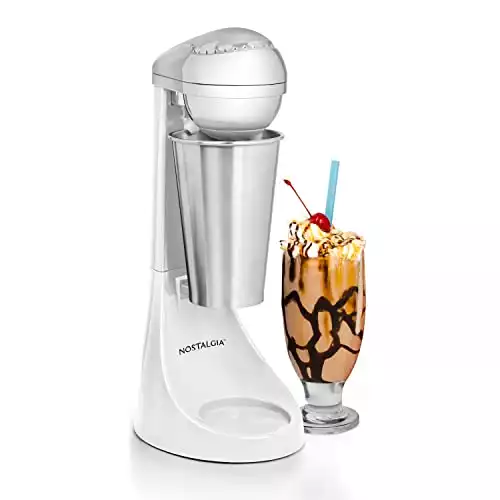 Nostalgia Two-Speed Electric Milkshake Maker and Drink Mixer, Includes 16-Ounce Stainless Steel Mixing Cup and Rod, White