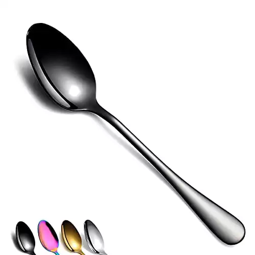 Black Dinner Spoon of 4, Berglander 7.5" Stainless Steel Titanium Plating Shiny Black Soup Spoons Silverware, Black Soup Spoon Table Spoon Set Sturdy Easy To Clean, Dishwasher Safe