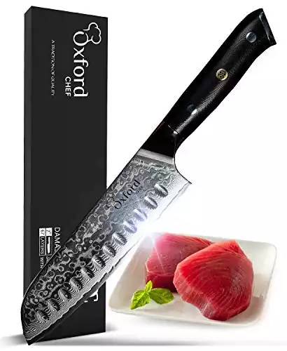 Oxford CHEF Santoku Chef’s Knife 7 inch: Best professional scalloped hollow (granton) edge Japanese VG10 67 layer Damascus steel ultra sharp blade w/G-10 Ergonomic handle