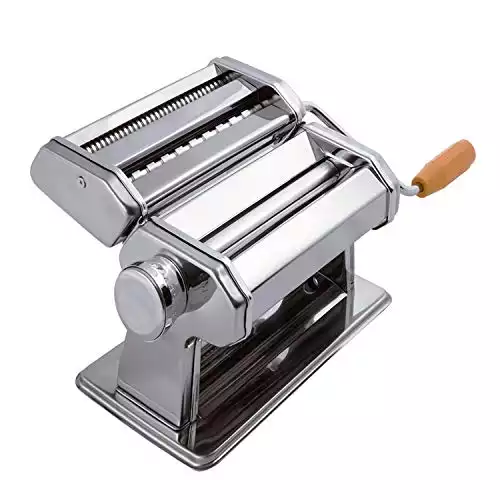 Pasta Maker - Original Design - Noodle Roller Hand Press Machine w/Adjustable Thickness - Washable Aluminum Alloy Rollers & Cutters - Manual Kit Best for Spaghetti, Fettuccini & Lasagna Dough