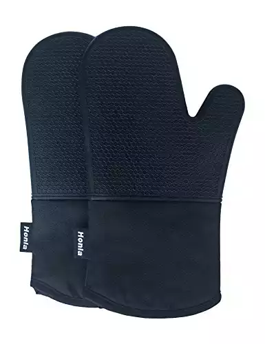 Honla Silicone Oven Mitts,Heat Resistant to 500 F,1 Pair of Non Slip Kitchen Oven Gloves for Cooking,Baking,Grilling,Barbecue Potholders,Black