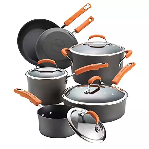 Rachael Ray Brights Hard-Anodized Aluminum Nonstick Cookware Set with Glass Lids, 10-Piece Pot and Pan Set, Gray with Orange Handles