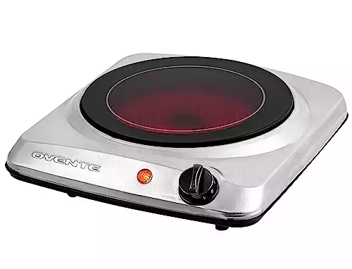 OVENTE Electric Single Infrared Burner 7 Inch Ceramic Glass Hot Plate Cooktop, 5 Level Temperature Controls and Easy to Clean Stainless Steel Base, Compact Stove for Home, Dorm, Office, Silver BGI101S