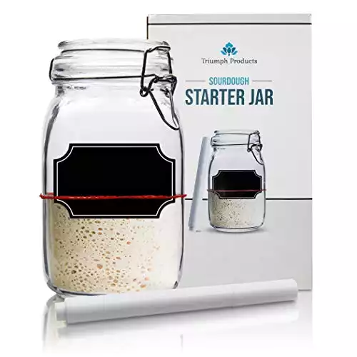 Sourdough Starter Jar with Chalkboard, 1500mL (50.75oz) Large Glass Mason Jar with Airtight Lid for Kitchen Storage - Includes Chalkboard Marker and Red Rubber Bands Triumph Products