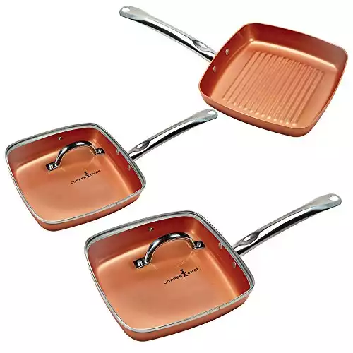 Copper Chef Non-Stick Square Fry Pan 5-Piece Set, 8 Inch Griddle Pan, 9.5 Inch Grill Pan, 11 Inch Griddle Pan, 9.5 Inch Lid, 11 Inch Lid