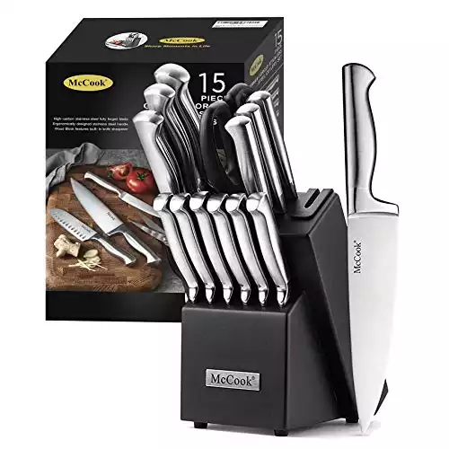 McCook® MC21 Knife Sets,15 Pieces German Stainless Steel Knife Block Sets with Built-in Sharpener
