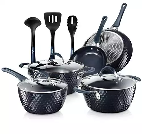 Nutrichef 11 Piece Nonstick Ceramic Cookware Excilon Home Kitchen Ware Pots & Pan Set with Saucepan Frying Pans, Cooking Pots, Lids, Utensil PTFE/PFOA/PFOS Free, Blue Diamond Pcs