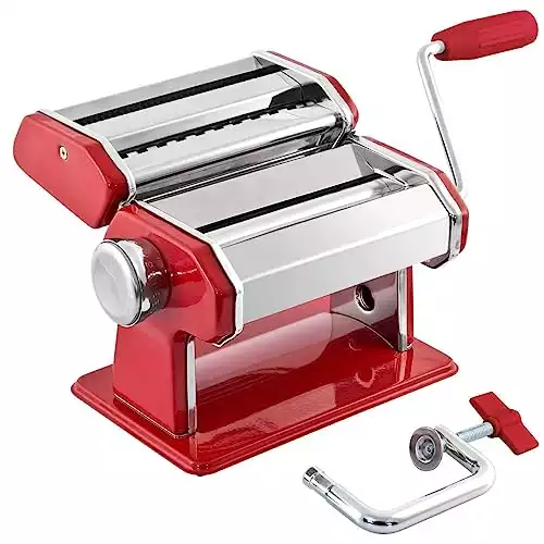 GOURMEX Stainless Steel Manual Pasta Maker Machine | With Adjustable Thickness Settings | Perfect for Professional Homemade Spaghetti and Fettuccini | Includes Removable Handle and Clamp (Red)